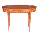 A GEORGE III OVAL INLAID MAHOGANY AND SATINWOOD PANELLED CENTRE TABLE