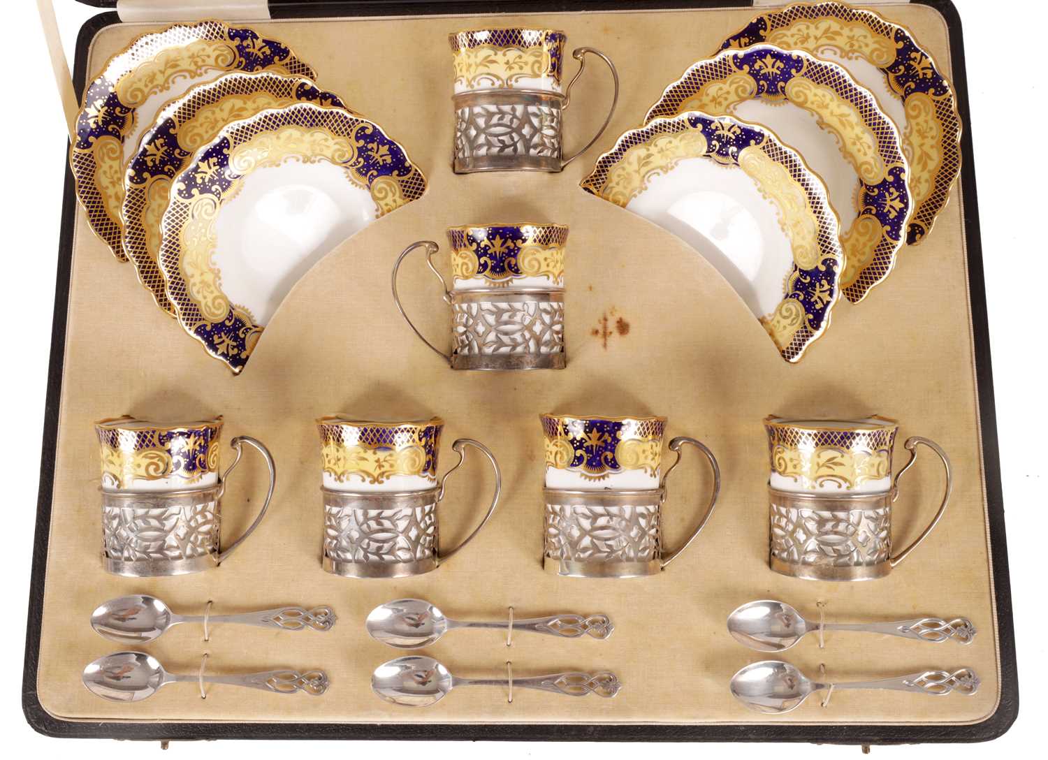 AN EARLY 20TH CENTURY AYNSLEY SILVER MOUNTED CASED COFFEE SET