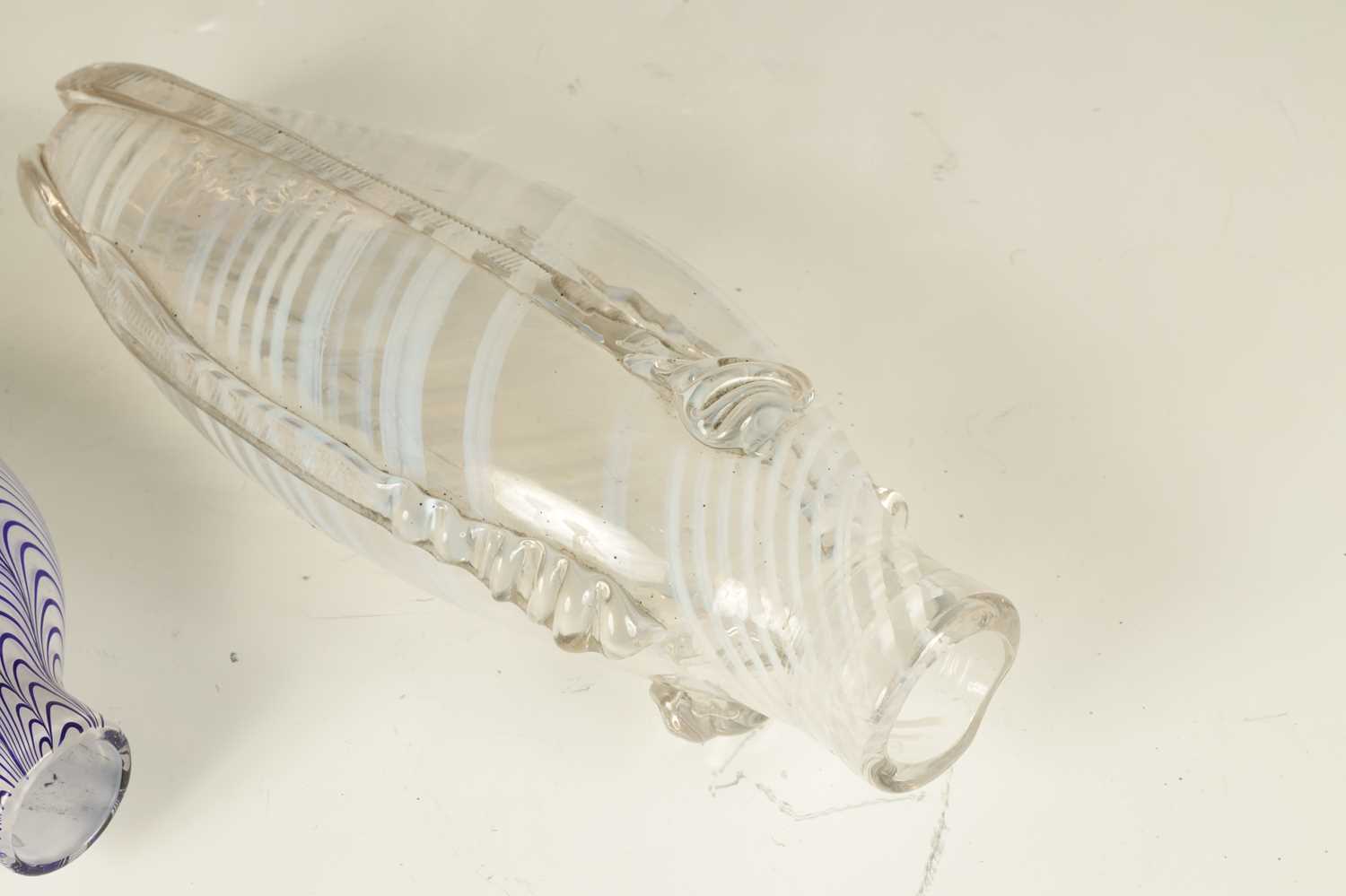 A 19TH CENTURY NAILSEA TYPE BLUE STRIPED MILK GLASS FLASK - Image 3 of 3