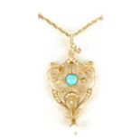 A LADIES 9CT GOLD PEARL AND TURQUOISE PENDANT ON 9CT GOLD NECKLACE