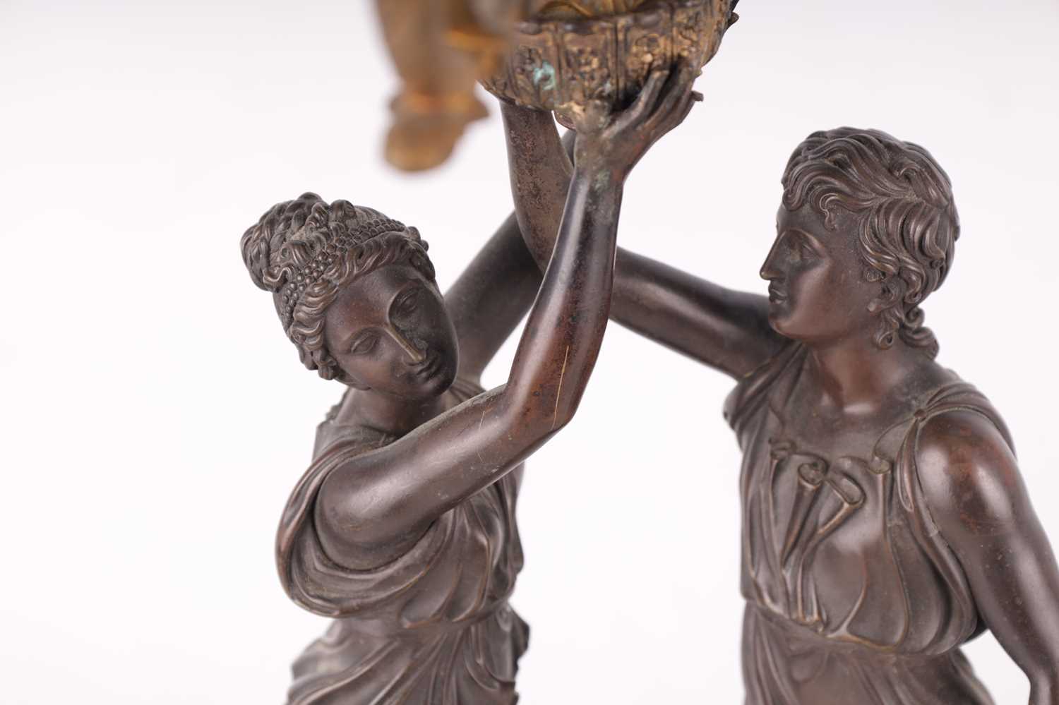 A PAIR OF 19TH CENTURY ORMOLU AND PATINATED BRONZE FIGURAL CANDELABRA - Image 3 of 10