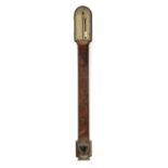 RAMSDEN, LONDON A GEORGE III FIGURED MAHOGANY FLAT TO THE WALL STICK BAROMETER