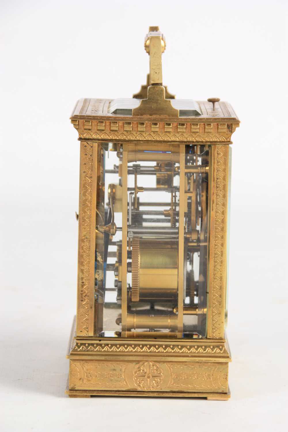 A LATE 19TH CENTURY FRENCH ENGRAVED BRASS REPEATING CARRAIGE CLOCK WITH ALARM - Image 5 of 10