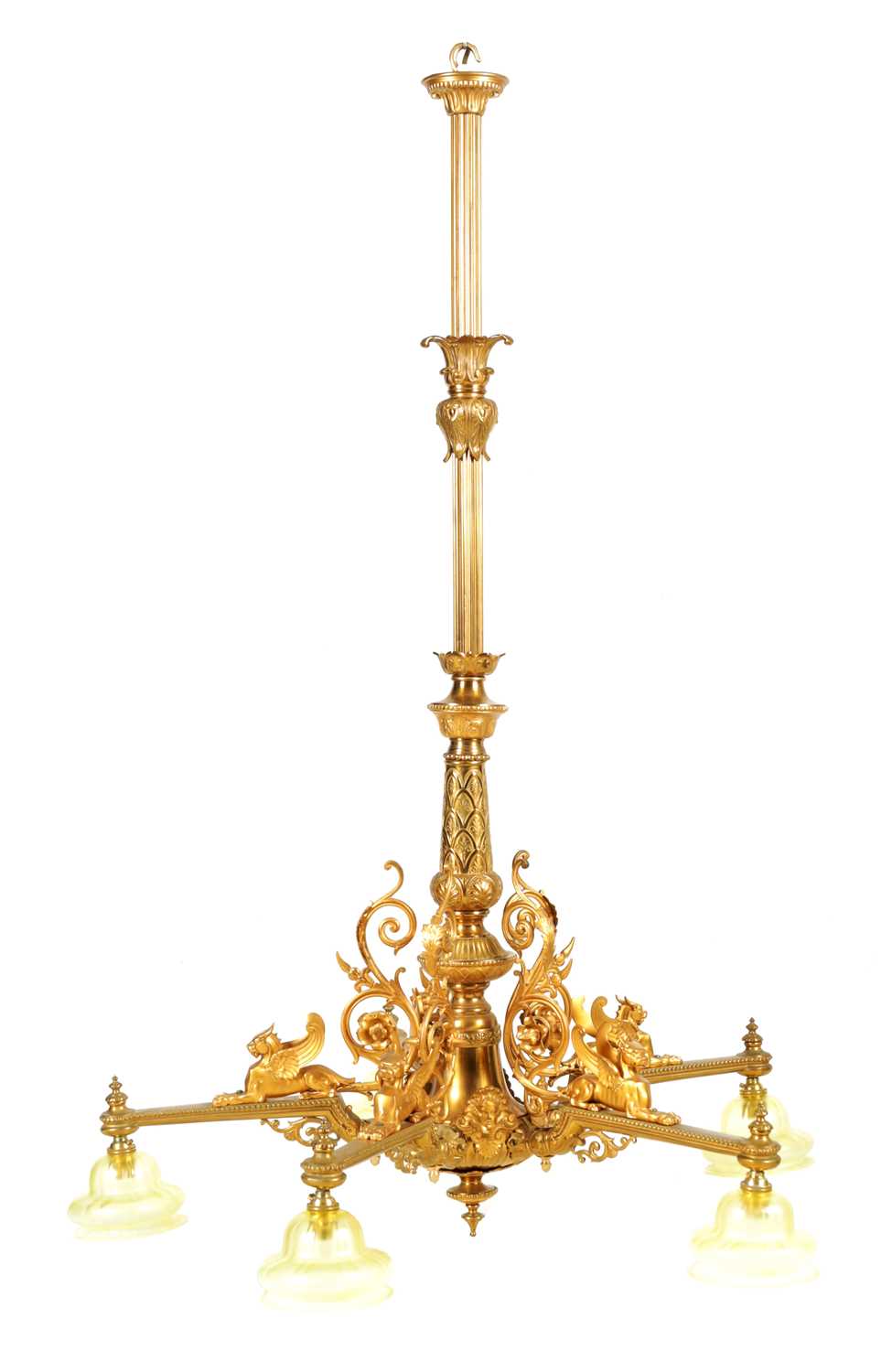 AN IMPRESSIVE LATE 19TH CENTURY GILT BRASS HANGING EGYPTIAN REVIAL FIVE BRANCH LIGHT FITTING