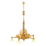 AN IMPRESSIVE LATE 19TH CENTURY GILT BRASS HANGING EGYPTIAN REVIAL FIVE BRANCH LIGHT FITTING