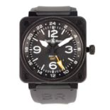 A GENTLEMAN'S BELL & ROSS BLACK PVD COATED STAINLESS STEEL DUAL TIME AUTOMATIC GMT CALENDAR WRISTWAT