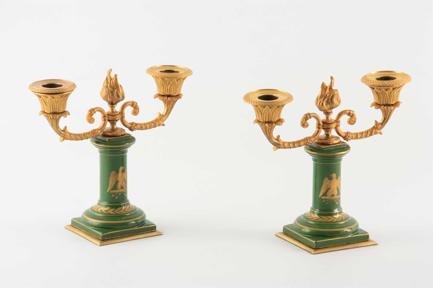 A PAIR OF 19TH CENTURY FRENCH NAPOLEON PORCELAIN AND ORMOLU MOUNTED TWO BRANCH CANDELABRA - Image 4 of 4