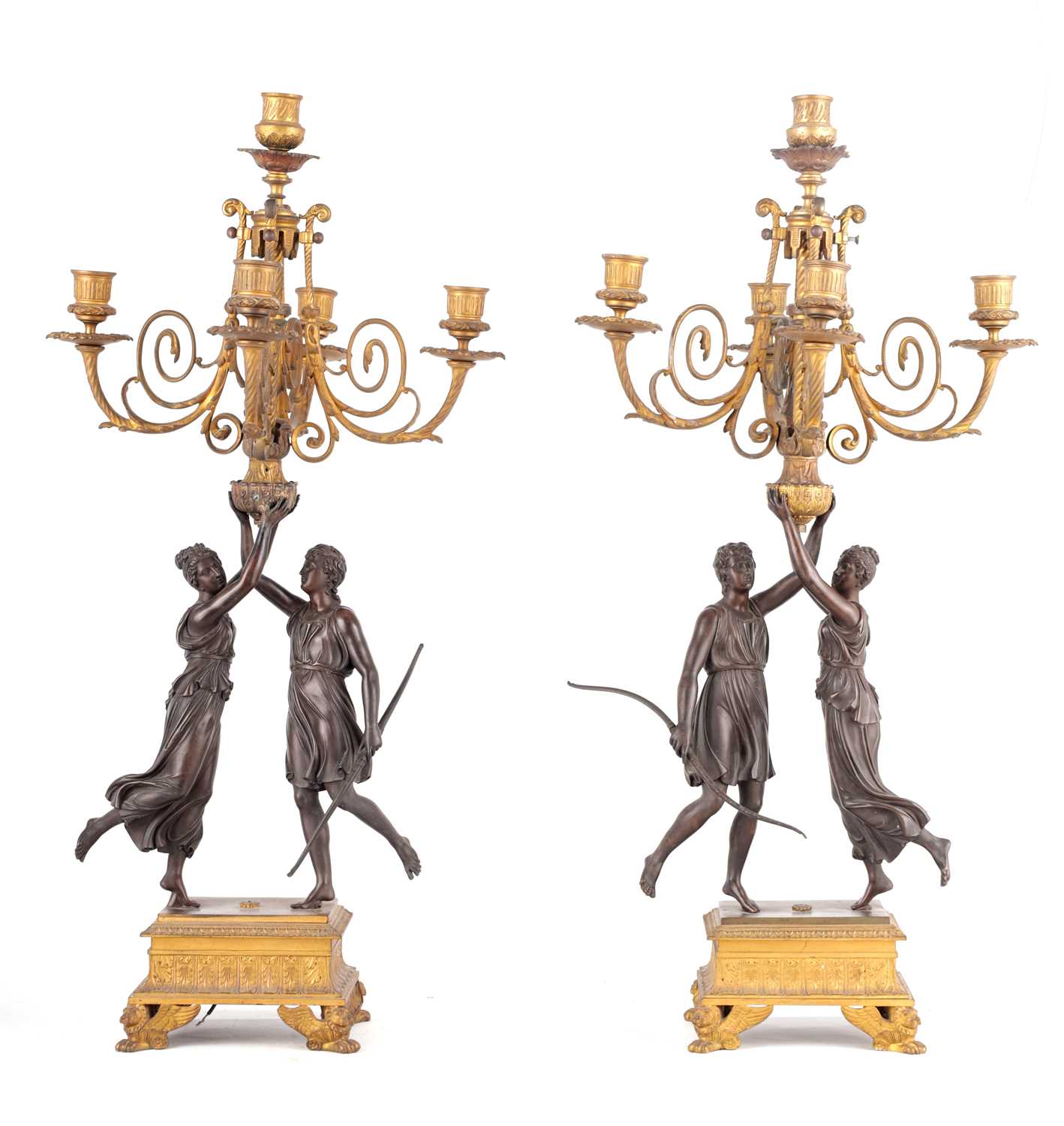 A PAIR OF 19TH CENTURY ORMOLU AND PATINATED BRONZE FIGURAL CANDELABRA