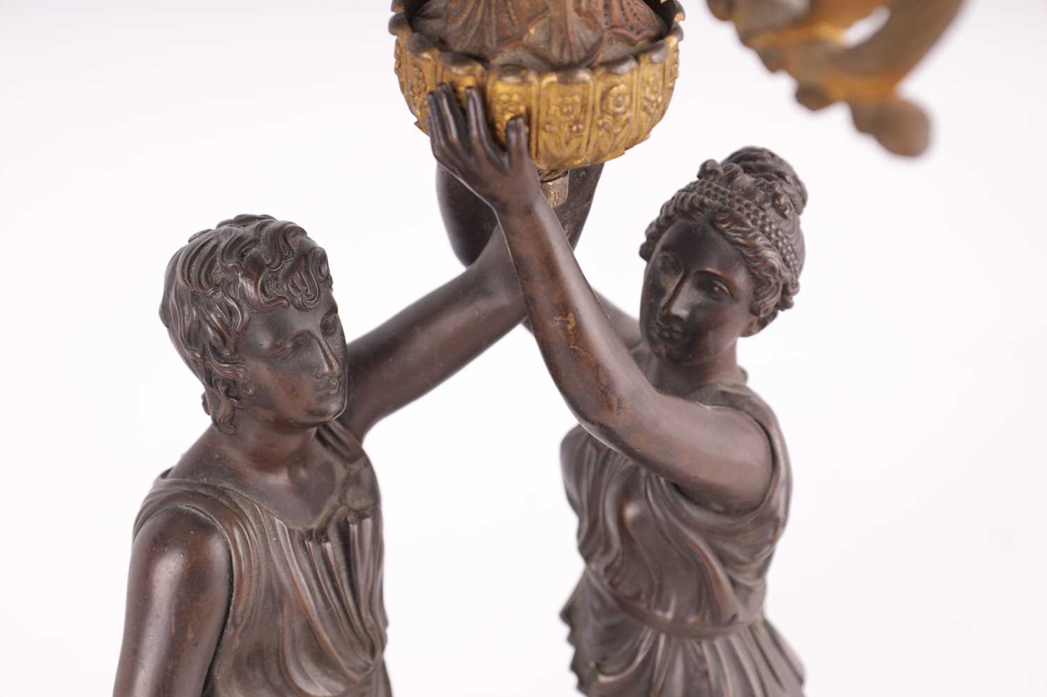 A PAIR OF 19TH CENTURY ORMOLU AND PATINATED BRONZE FIGURAL CANDELABRA - Image 2 of 10