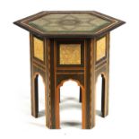 AN EARLY 20TH CENTURY EASTERN ISLAMIC STYLE MOTHER OF PEARL INLAID HEXAGONAL SHAPED OCCASIONAL TABLE
