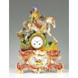 A LATE 19TH CENTURY DRESDEN TYPE PORCELAIN FIGURAL MANTEL CLOCK ON STAND