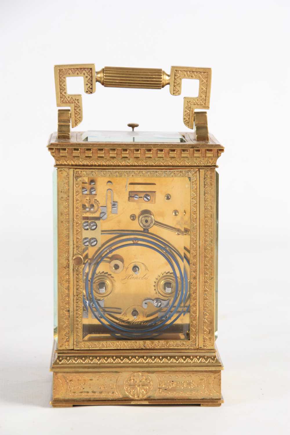 A LATE 19TH CENTURY FRENCH ENGRAVED BRASS REPEATING CARRAIGE CLOCK WITH ALARM - Image 6 of 10