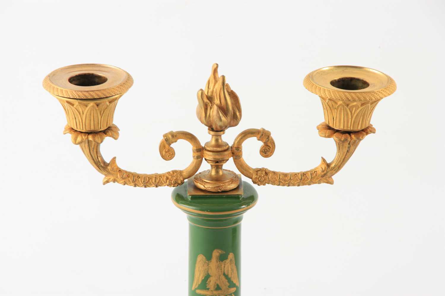 A PAIR OF 19TH CENTURY FRENCH NAPOLEON PORCELAIN AND ORMOLU MOUNTED TWO BRANCH CANDELABRA - Image 2 of 4