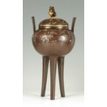 A FINE MEIJI PERIOD JAPANESE PATINATED BRONZE AND MIXED METAL LIDDED VASE