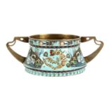 A LATE 19TH CENTURY RUSSIAN SILVER AND CHAMPLEVE ENAMEL TWO HANDLED SHALLOW BOWL