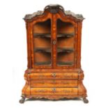 A MINIATURE 18TH CENTURY WALNUT AND DUTCH MARQUETRY CABINET ON CHEST