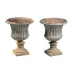 A PAIR OF 19TH CENTURY CAST IRON CAMPANA GARDEN URNS