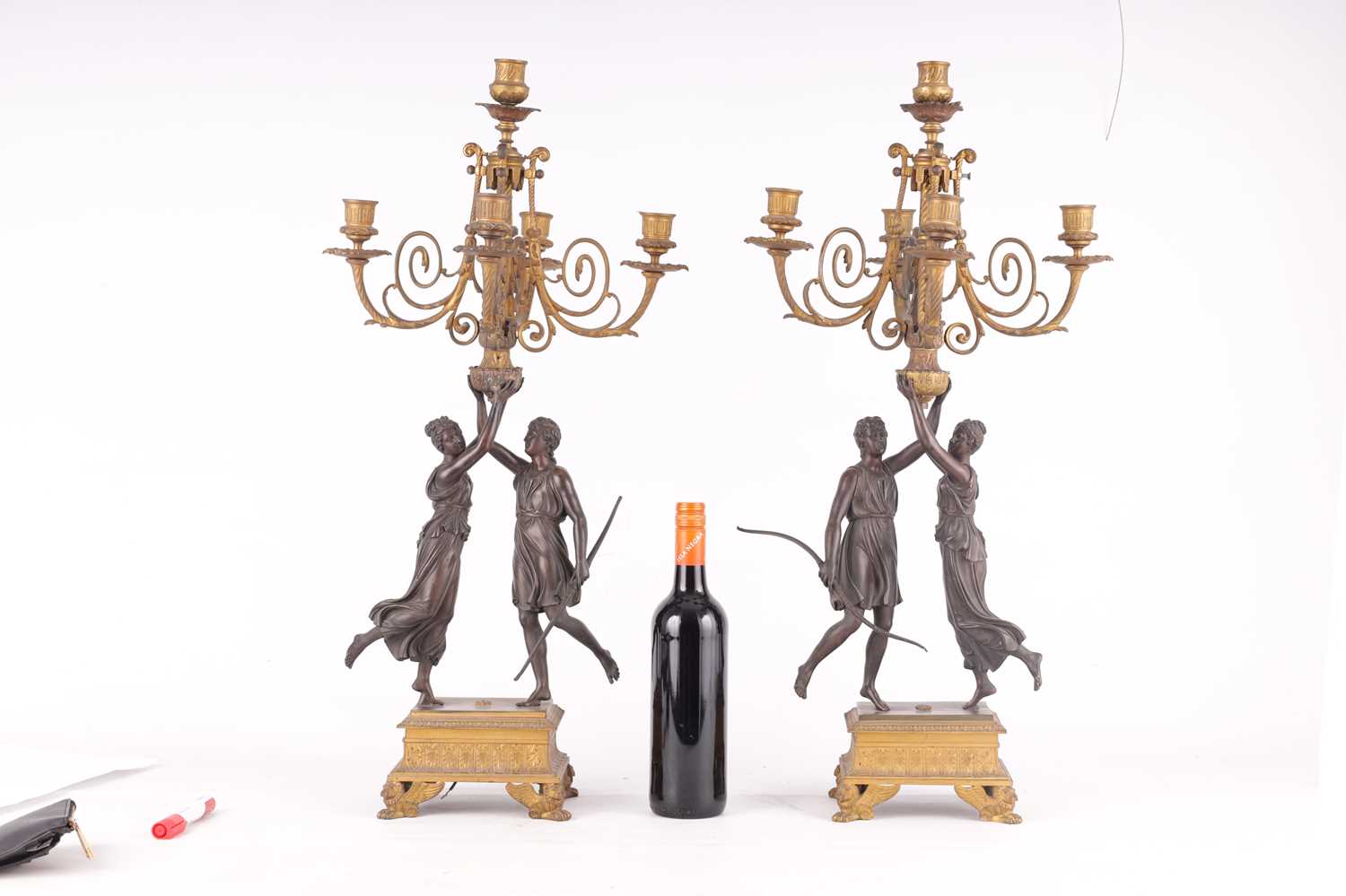 A PAIR OF 19TH CENTURY ORMOLU AND PATINATED BRONZE FIGURAL CANDELABRA - Image 9 of 10