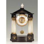 A 19TH CENTURY AUSTRIAN THREE-TRAIN EBONISED AND WHITE MARBLE PORTICO CLOCK