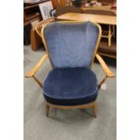 Ercol Blonde Elm Short Back Elbow chair pattern 364 with blue Made in England label 1957-62