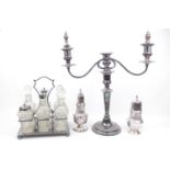 Collection of Silver plated tableware's inc. 2 Branch Candelabra, Six bottle cruet set, Wine