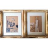 Maggy MONIER (1887-1965), 2 Framed an mounted watercolours of a Deco woman with cards and a young