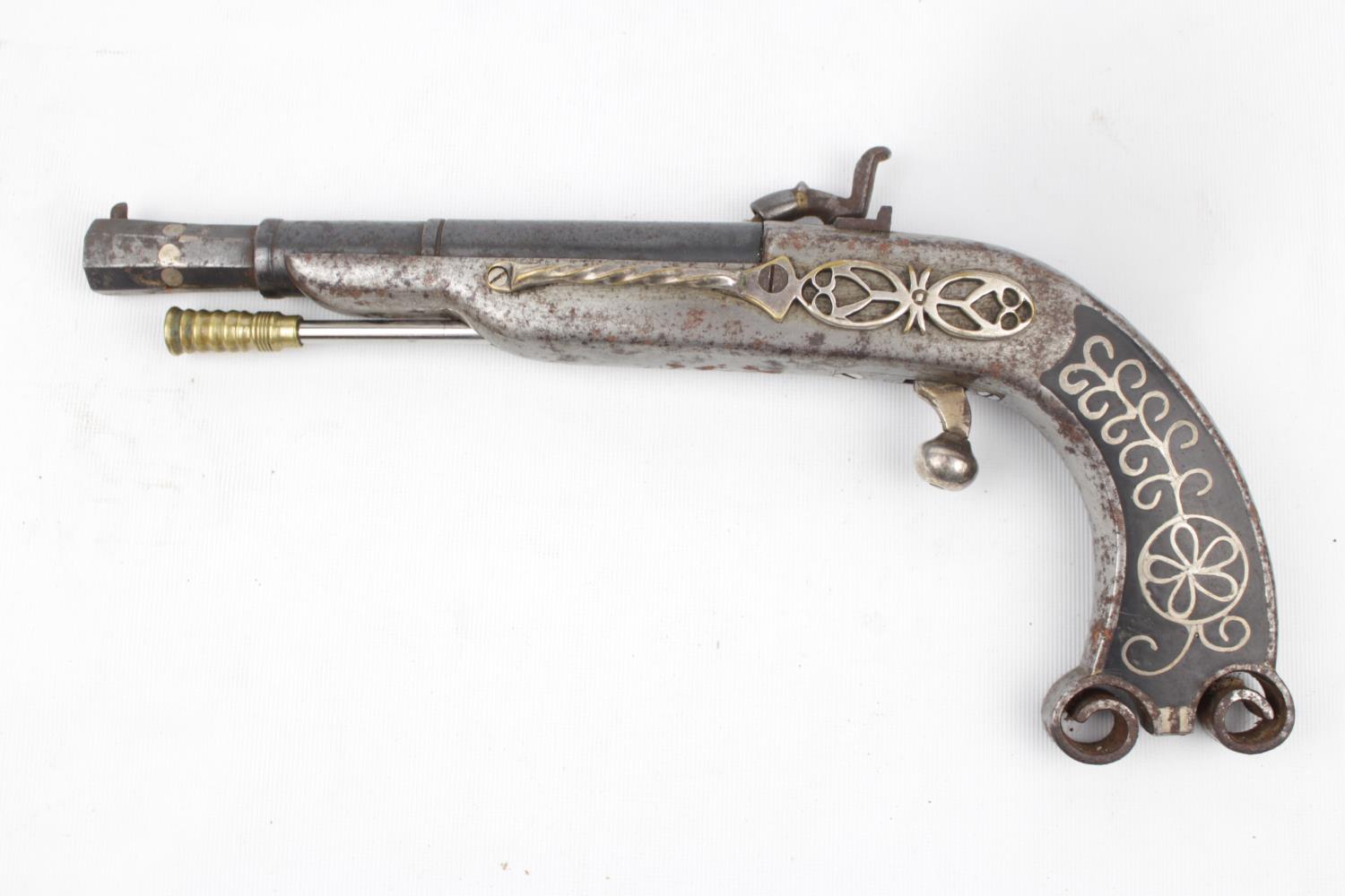 Interesting R Dunn & Son metal bodied percussion pistol with brass handled ram rod, engraved W