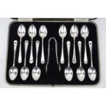 Fine Cased Set of 12 Silver Teaspoons with a Set of matching tongs by Charles James Allen, Sheffield
