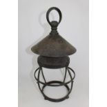 Edwardian Bronze hanging storm lamp of bombe form and studded detail, 45cm in Height