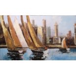 Unframed Oil on canvas of Sailing boats of Mediterranean scene, 100 x 60cm