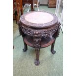 Antique Carved Hardwood Rosewood Marble Top Chinese Pedestal Table Plant Stand with under tier. 56cm