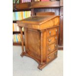 Reproduction Walnut Davenport with Green leather inset slope and Faux drawers supported on pillars