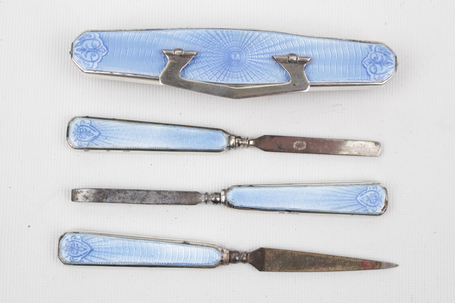 Art Deco Silver Blue enamel manicure set of 4 Pieces, Birmingham 1932