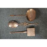 2 19thC Brass pierced covered Chestnut roasters and a Large open Brass roaster
