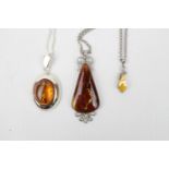 3 Amber Set Pendants on Silver chains 23g total weight