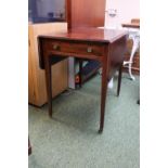 19thC Mahogany Pembroke table on tapering legs terminating on brass casters with Single drawer. 76cm