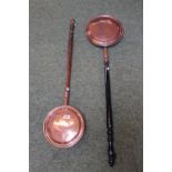 2 19thC Copper Warming pans with turned wooden handles, One marked F Harvey Baldock