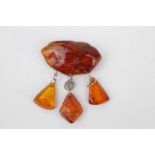 Baroque Amber Brooch with 3 Amber droplets set on Silver 13g total weight