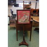 William IV Mahogany Pole screen with inset embroidery of a man and young girl over fluted supports