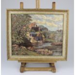 Houghton Mill, Houghton Cambridgeshire Oil on Board, J Turner 1960. Measures 44.5cm by 37.5cm.