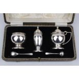 George V Boxed Silver 3 Piece Cruet set of Celtic rim design by Ernest W Haywood, Birmingham 1936