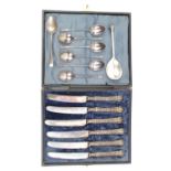 Cased Set of 6 Silver handled butter knives with foliate embossed handles and a Collection of