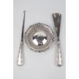 Edwardian Silver circular-shaped bon-bon dish and a matching button hook and shoehorn with line