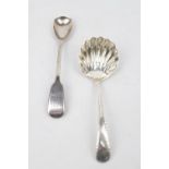 Silver sugar sifter spoon, Birmingham 1933 and a Exeter mustard spoon 1844 by William Pope. 36g