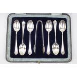 Cased Set of Six Silver Teaspoons with matching Sugar tongs by Joseph Ridge, Sheffield 1908