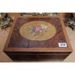 Early Victorian Burr Walnut ladies stationary box with fitted interior with later hand painted panel