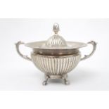 Late 19thC Silver Continental bowl and cover with acorn knop claw over ball feet and fluted sides,