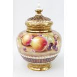 A Royal Worcester fruit painted Pot Pourri vase / jar and cover, basket molded with interior