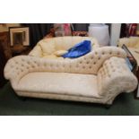 Late Victorian Scroll back Chaise Longue with button back upholstery. 210cm in Length