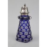Edwardian Pierced Silver topped Caster with panelled blue and clear glass base, Birmingham 1905 by